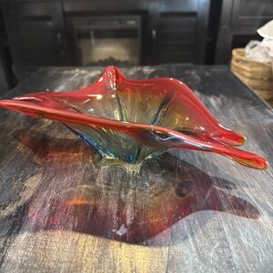 Vtg MCM Italian Murano Art Glass Rainbow Swirls Hand Blown Bowl Dish